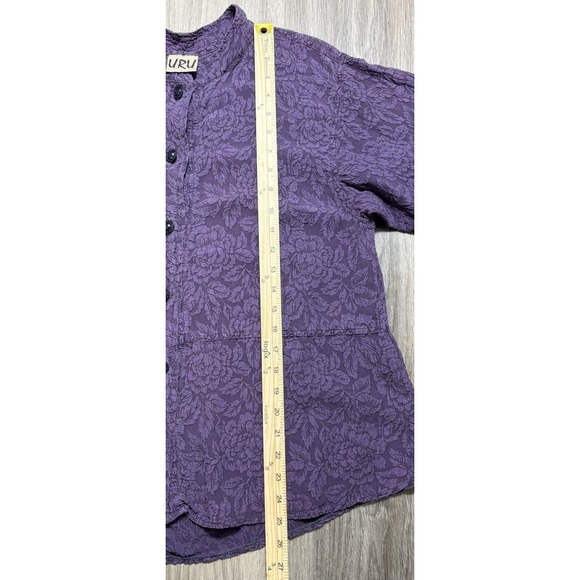 Uru 100% Silk Embossed Blouse Purple Button Down 3/4 Sleeve OS Boho Artsy Floral - Picture 7 of 10